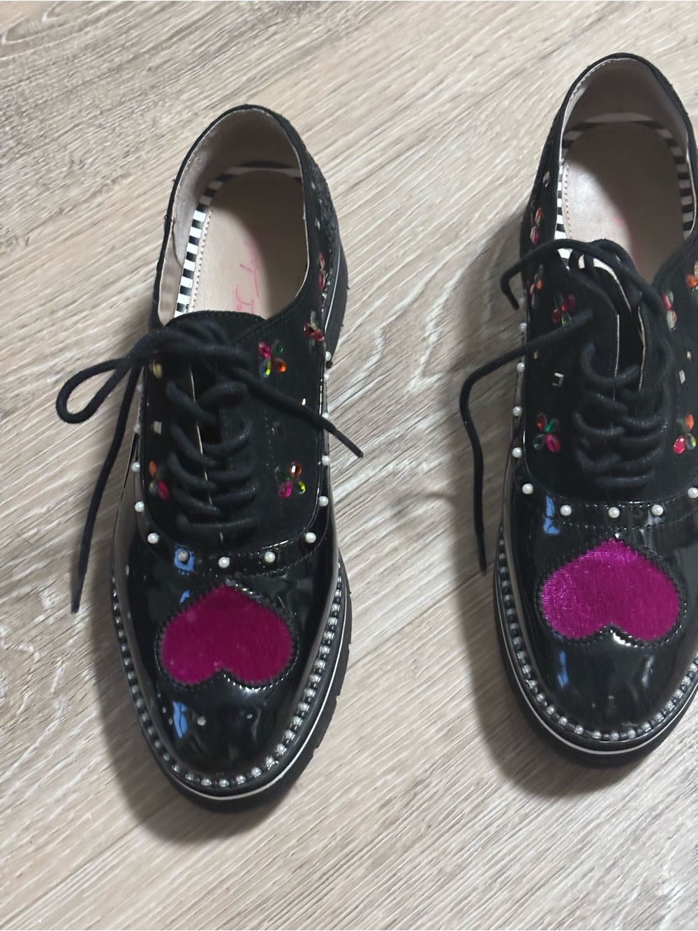 Black Patent Lace-Up Women's Oxford Shoes with Pink Heart Accent - Betsy Johnson